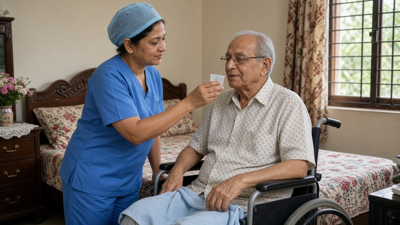 Indian nurse giving medication to an elderly patient at home