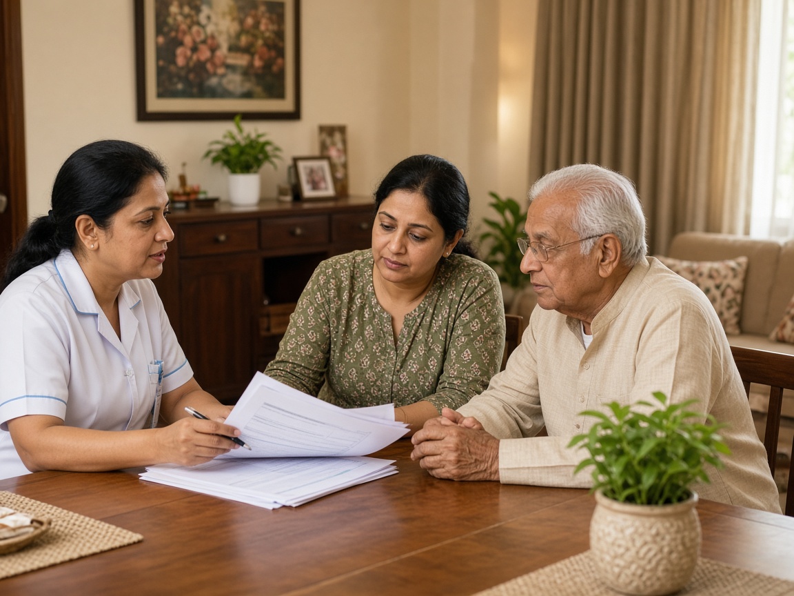 Indian nurse reviewing a care plan with family at home