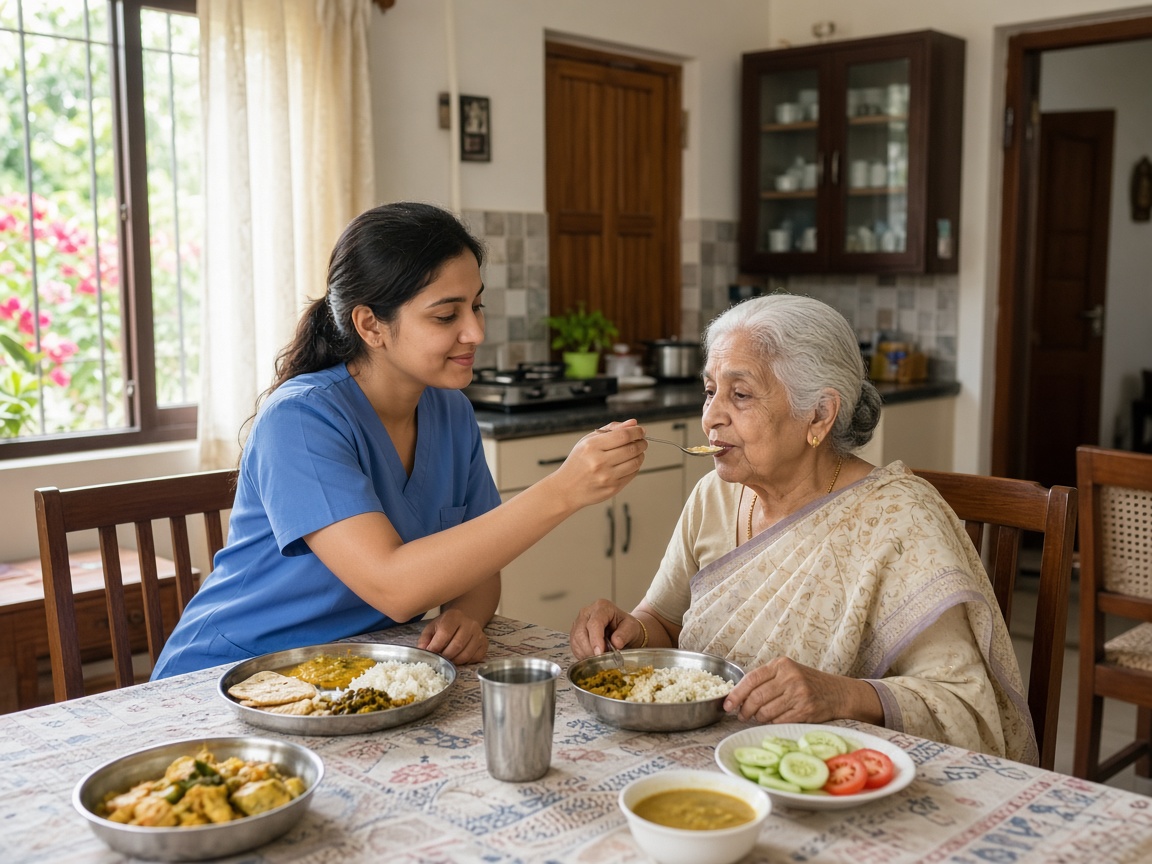 Indian caregiver helping an elderly woman with a meal at home