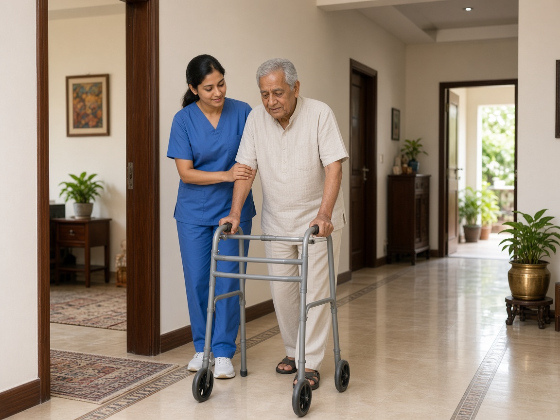 Indian caregiver helping an elderly man walk with a walker at home