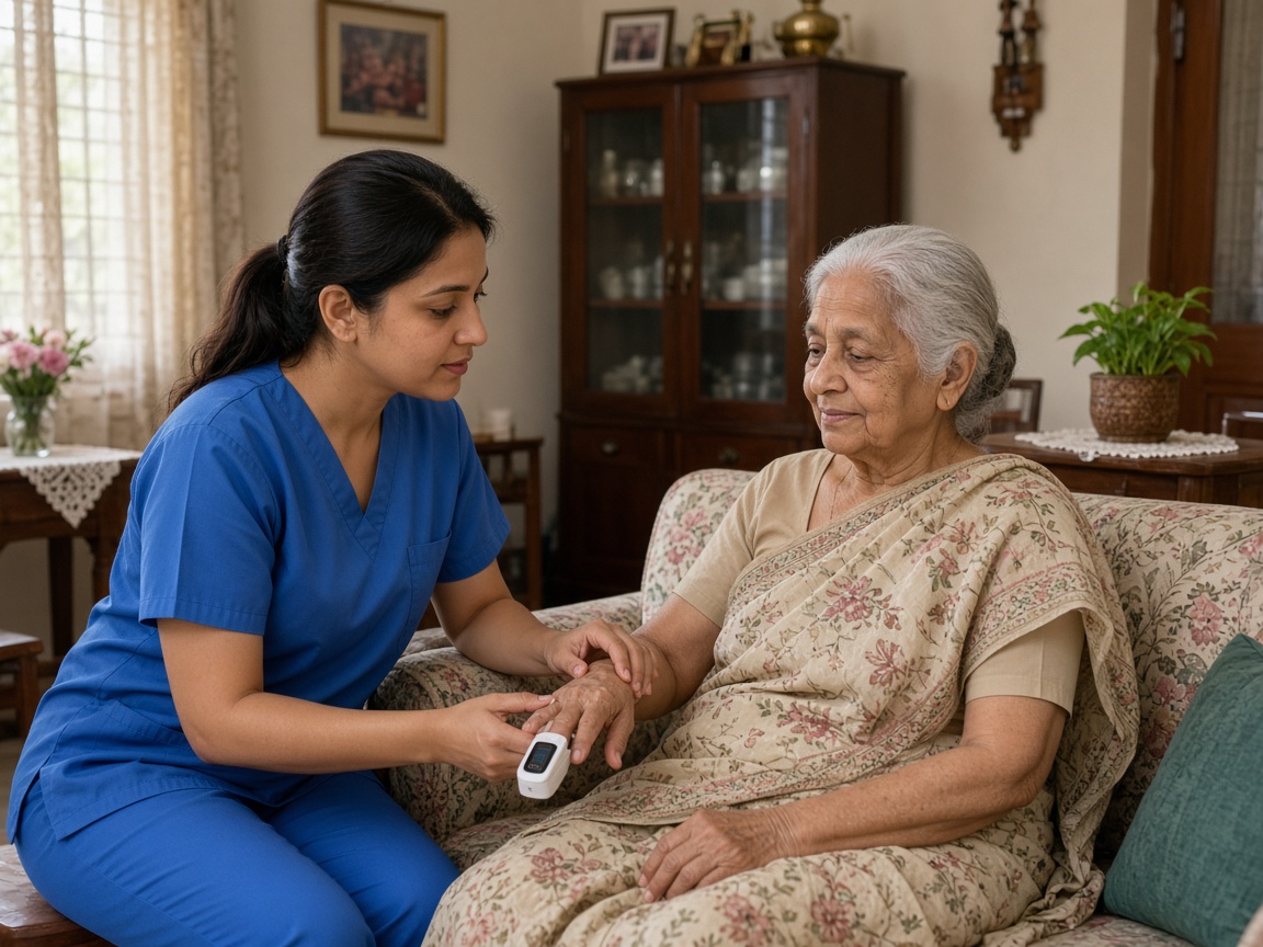 Indian nurse checking vitals for an elderly woman at home