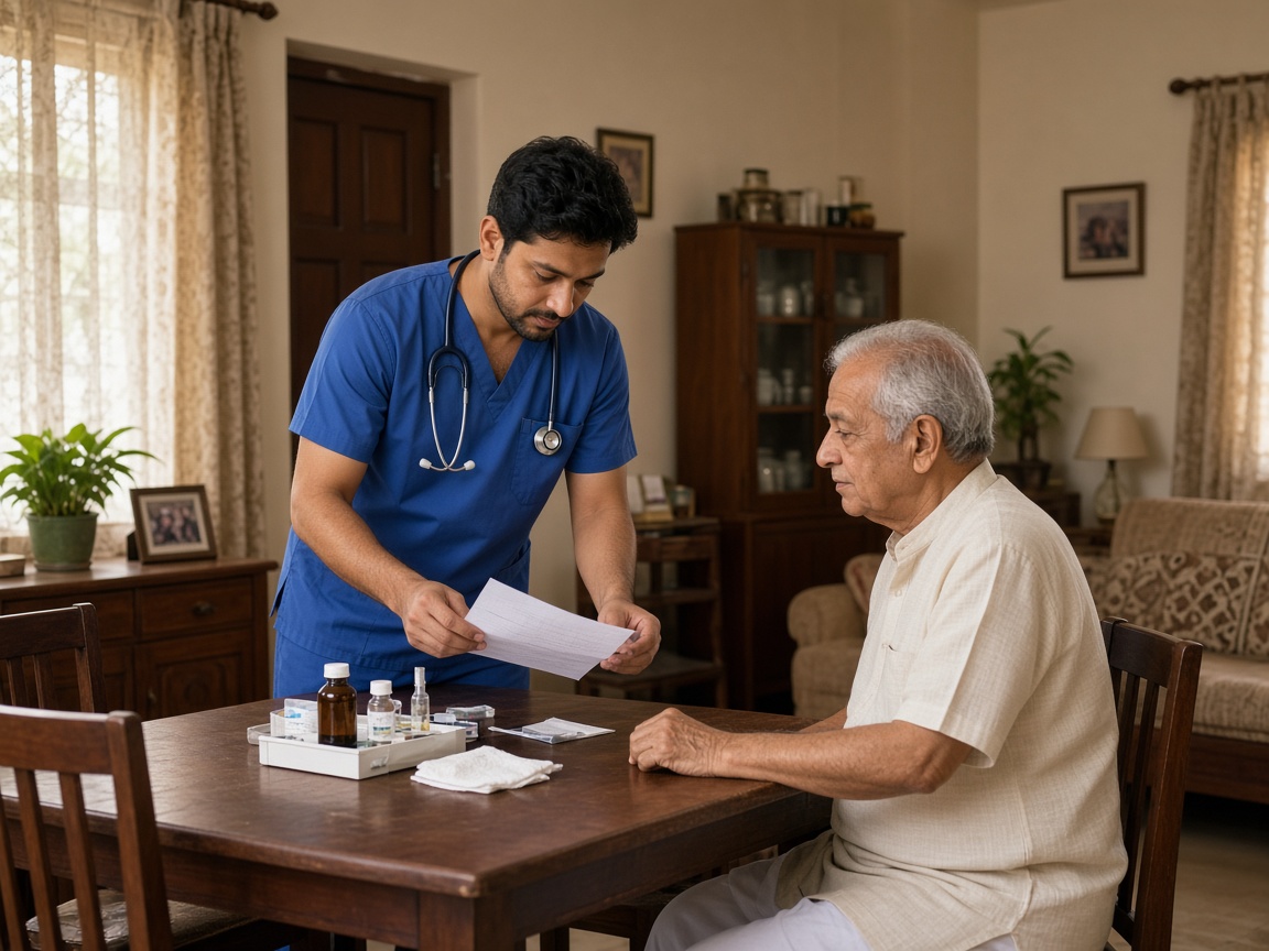 Indian nurse preparing medication for an elderly patient at home