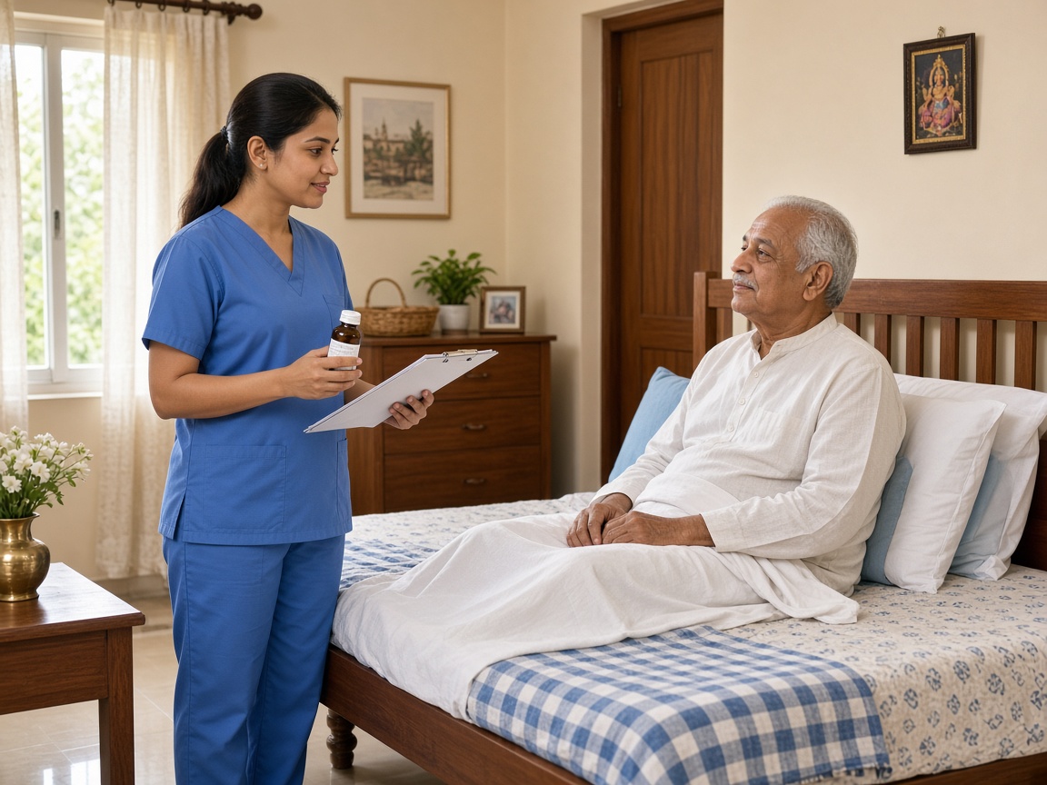 Indian nurse standing beside the bed explaining medication to an elderly patient