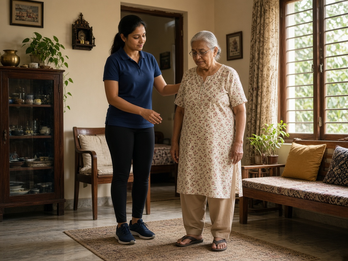 Indian physiotherapist helping an elderly woman with balance exercises at home