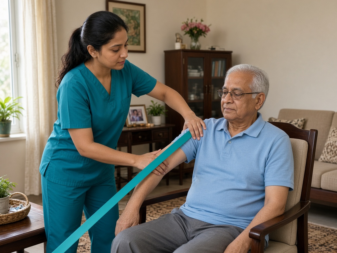 Indian physiotherapist guiding an elderly man through shoulder exercises at home