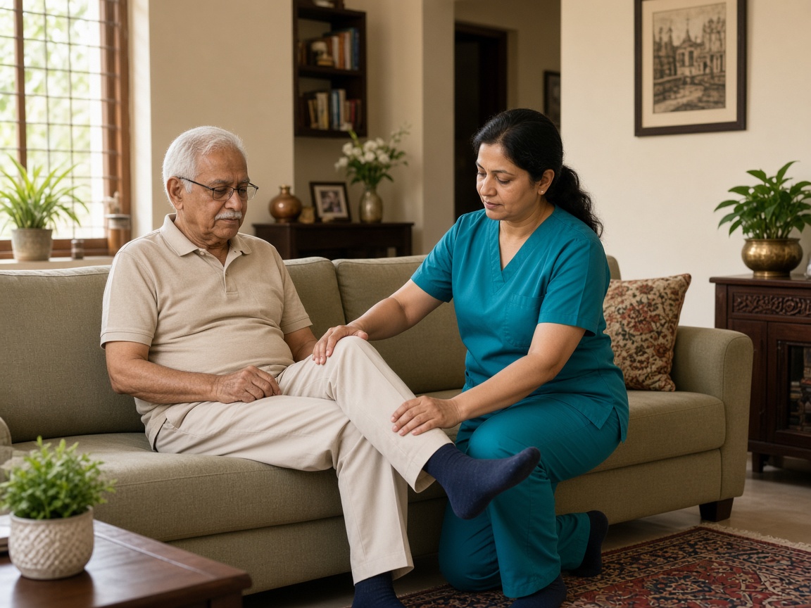 Indian physiotherapist guiding an elderly man through seated exercises at home