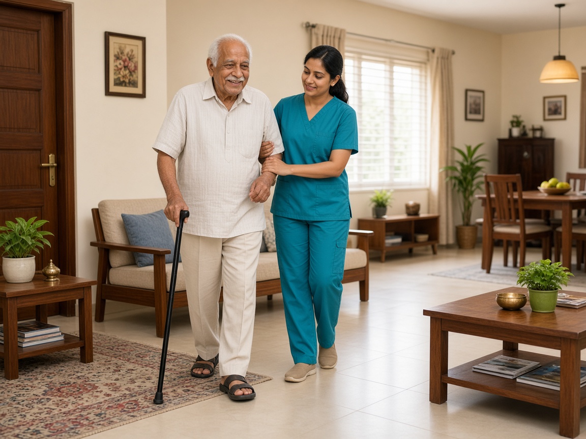 Elderly man walking with support during home physiotherapy in India