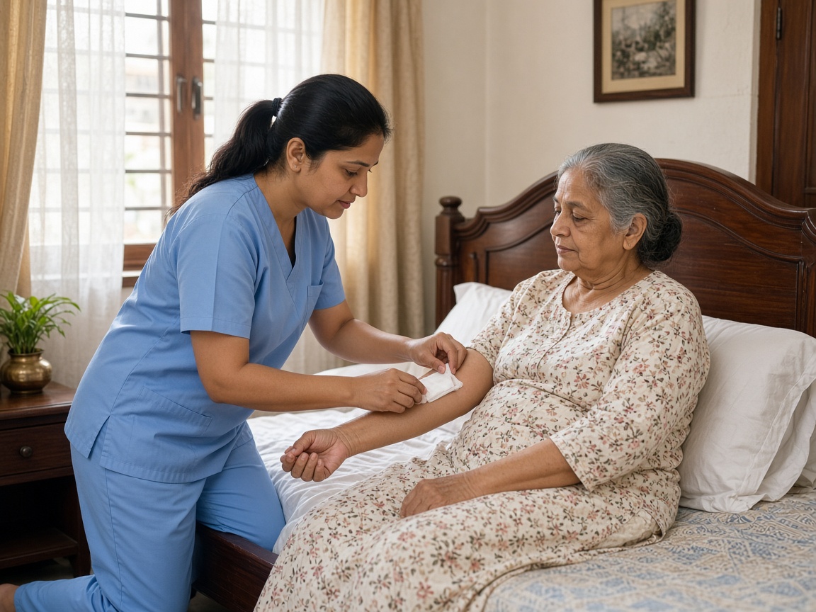 Indian nurse providing wound dressing care for an elderly patient at home