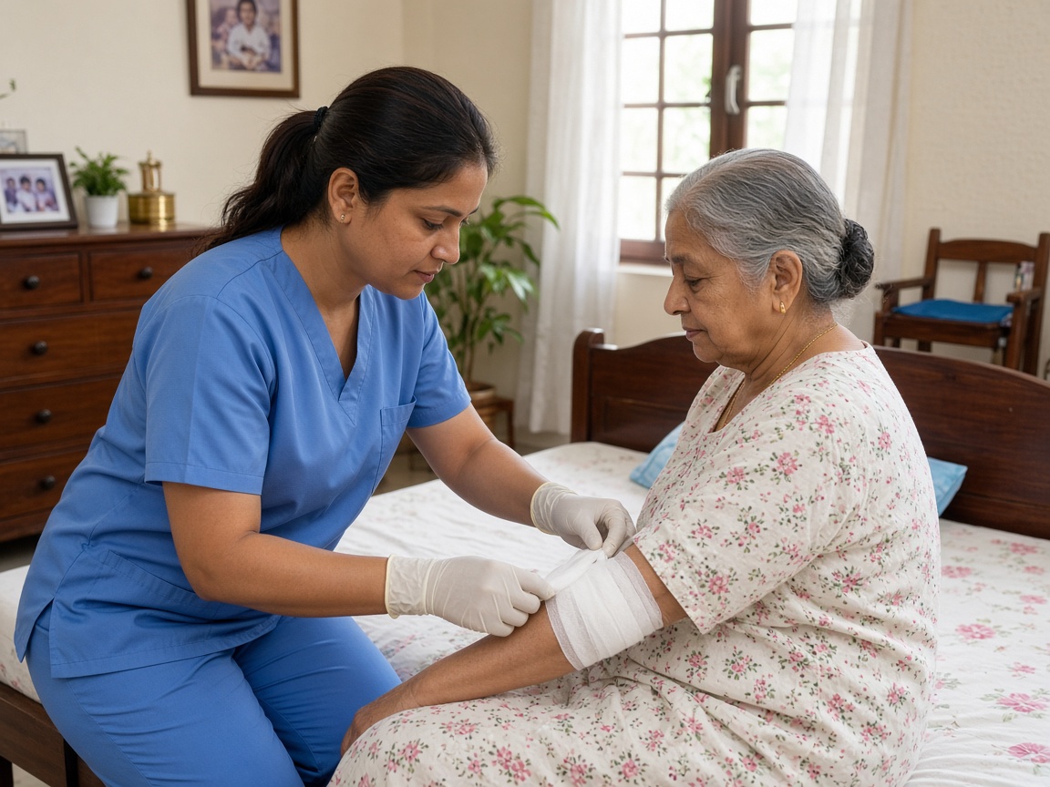 Indian nurse providing wound care for an elderly patient at home