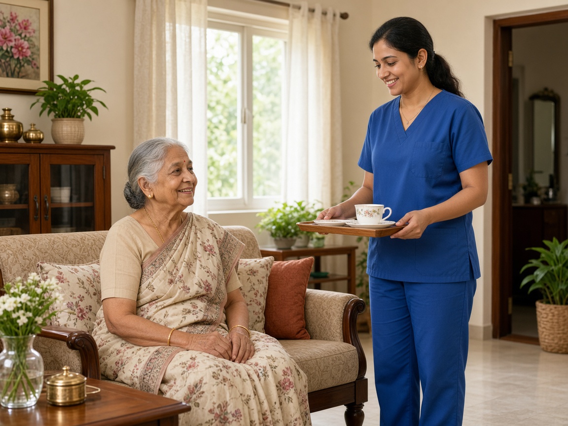 Senior receiving caring support at home in India